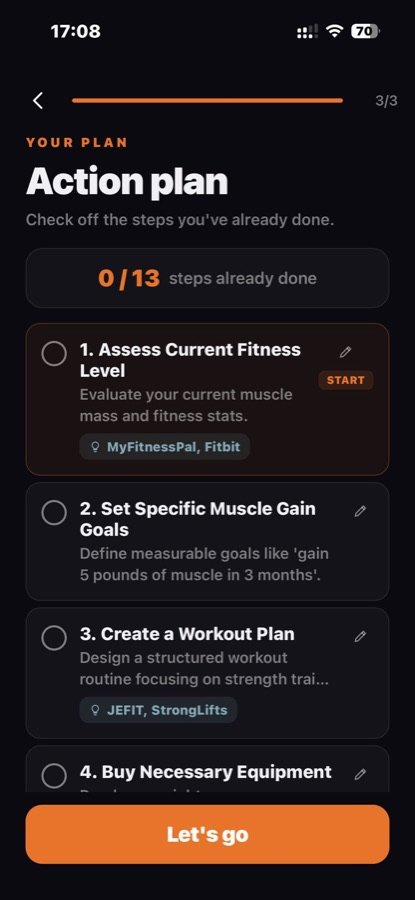 Gainers action plan screen