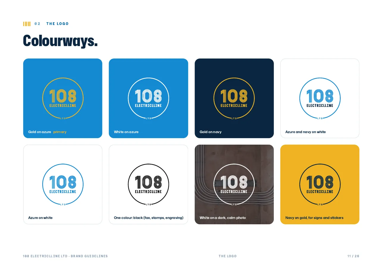 108 Electriclline: Brand book: colourways of the badge