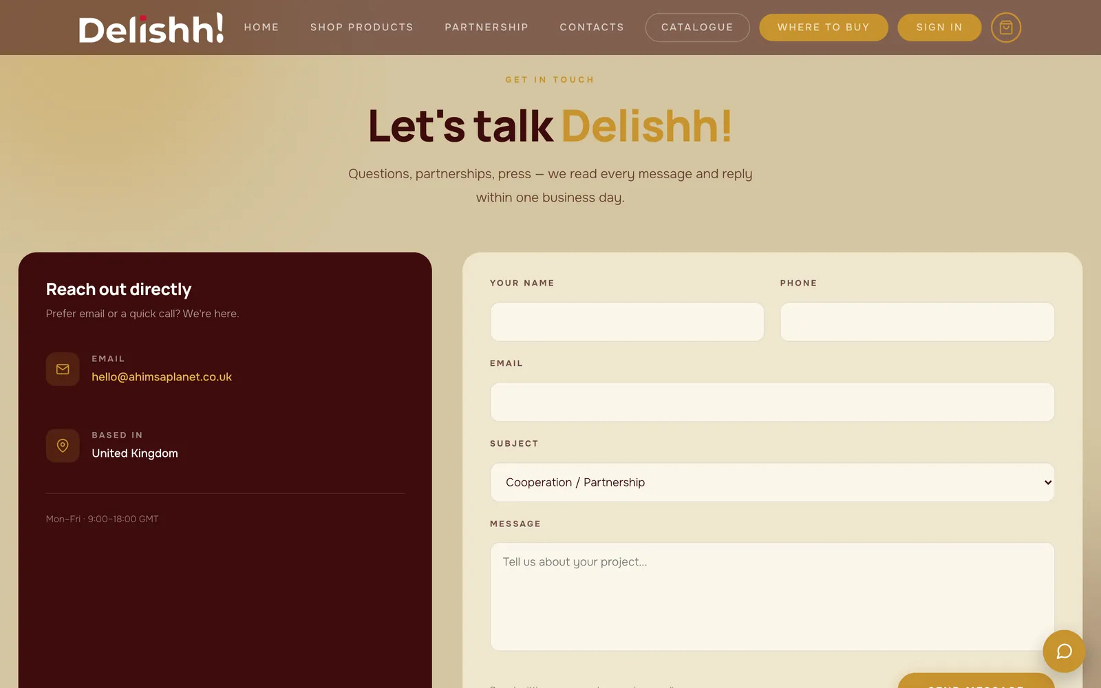 Delishh: Contact built for partners