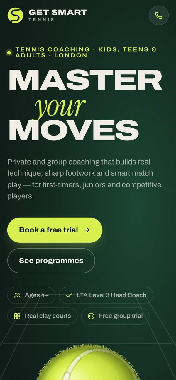 Get Smart Tennis: website on a phone