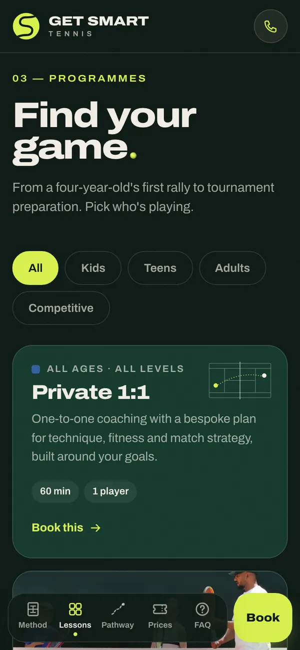 Get Smart Tennis: Programmes with filters (phone)