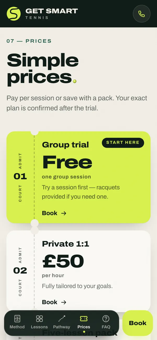 Get Smart Tennis: Prices as court tickets (phone)