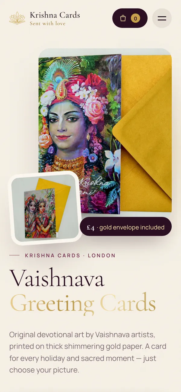 Krishna Cards: website on a phone