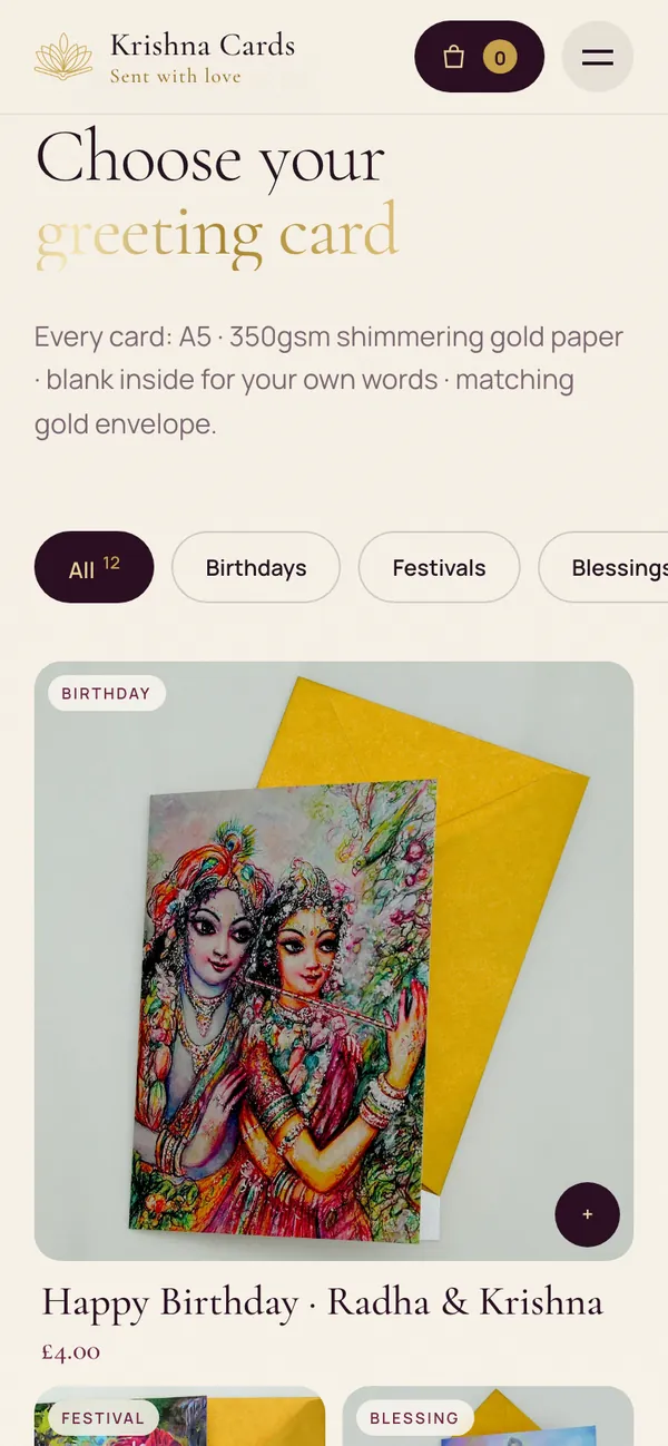 Krishna Cards: Pick a card by occasion (phone)