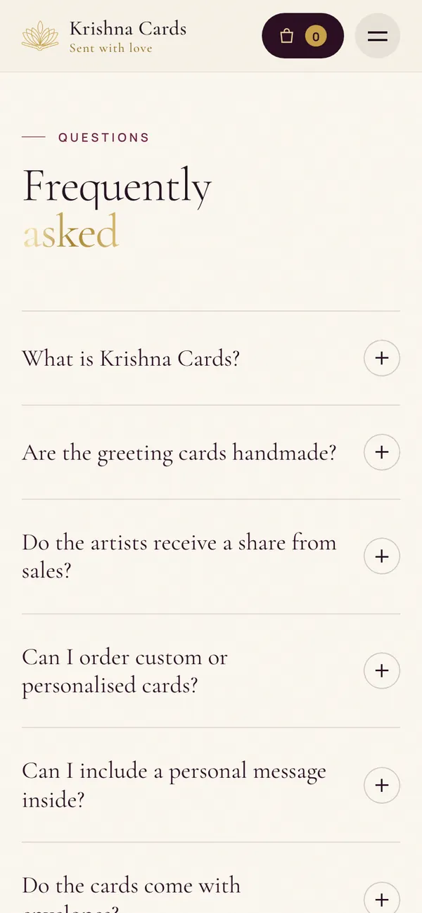 Krishna Cards: Questions before checkout (phone)