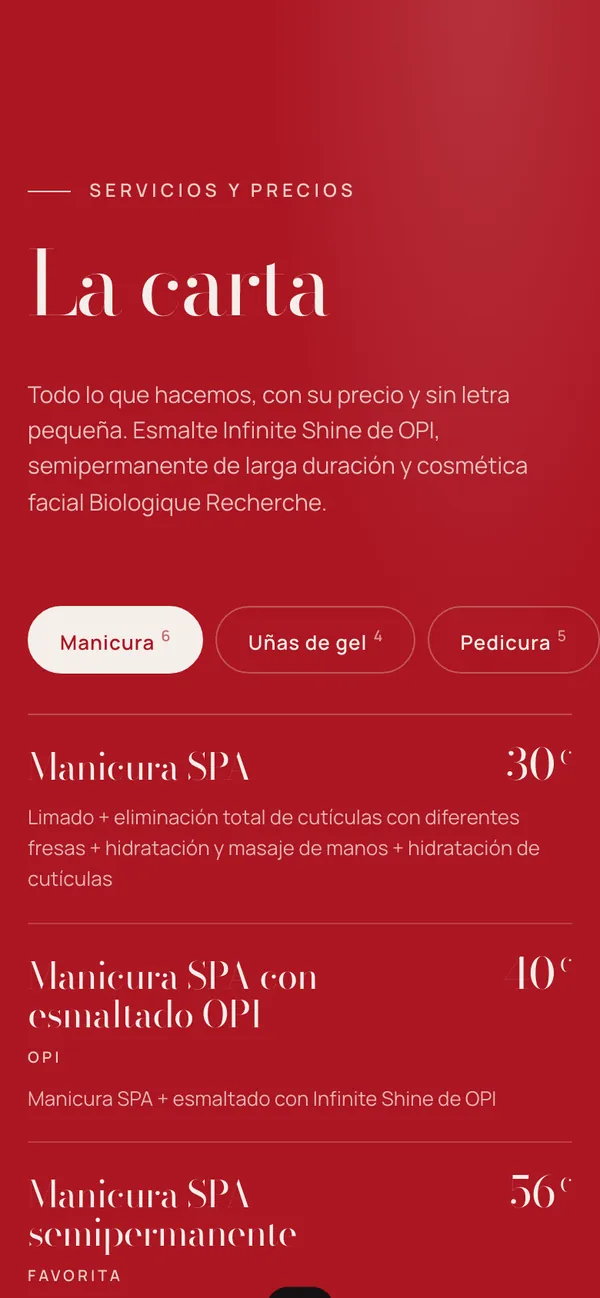 Nails Star: A menu with prices (phone)