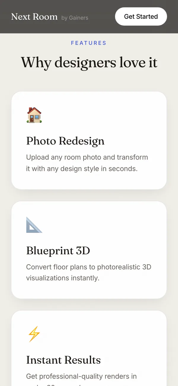 Next Room: Six features, one line each (phone)