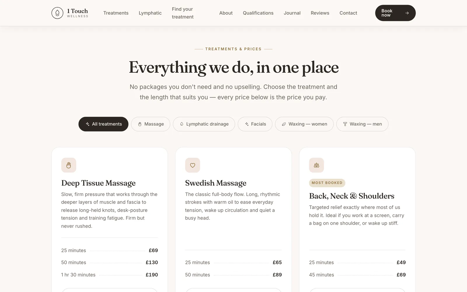 One Touch Wellness: Every price on the page