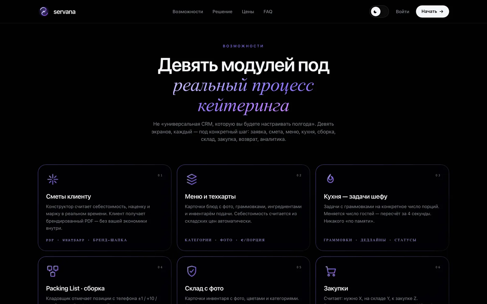 Servana: Nine modules, one per step