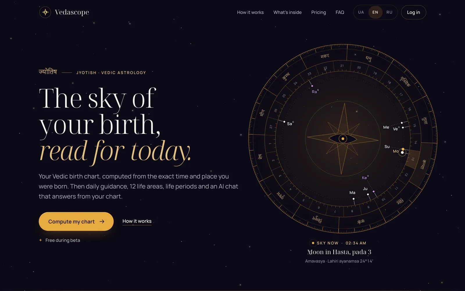 Vedascope: website, first screen