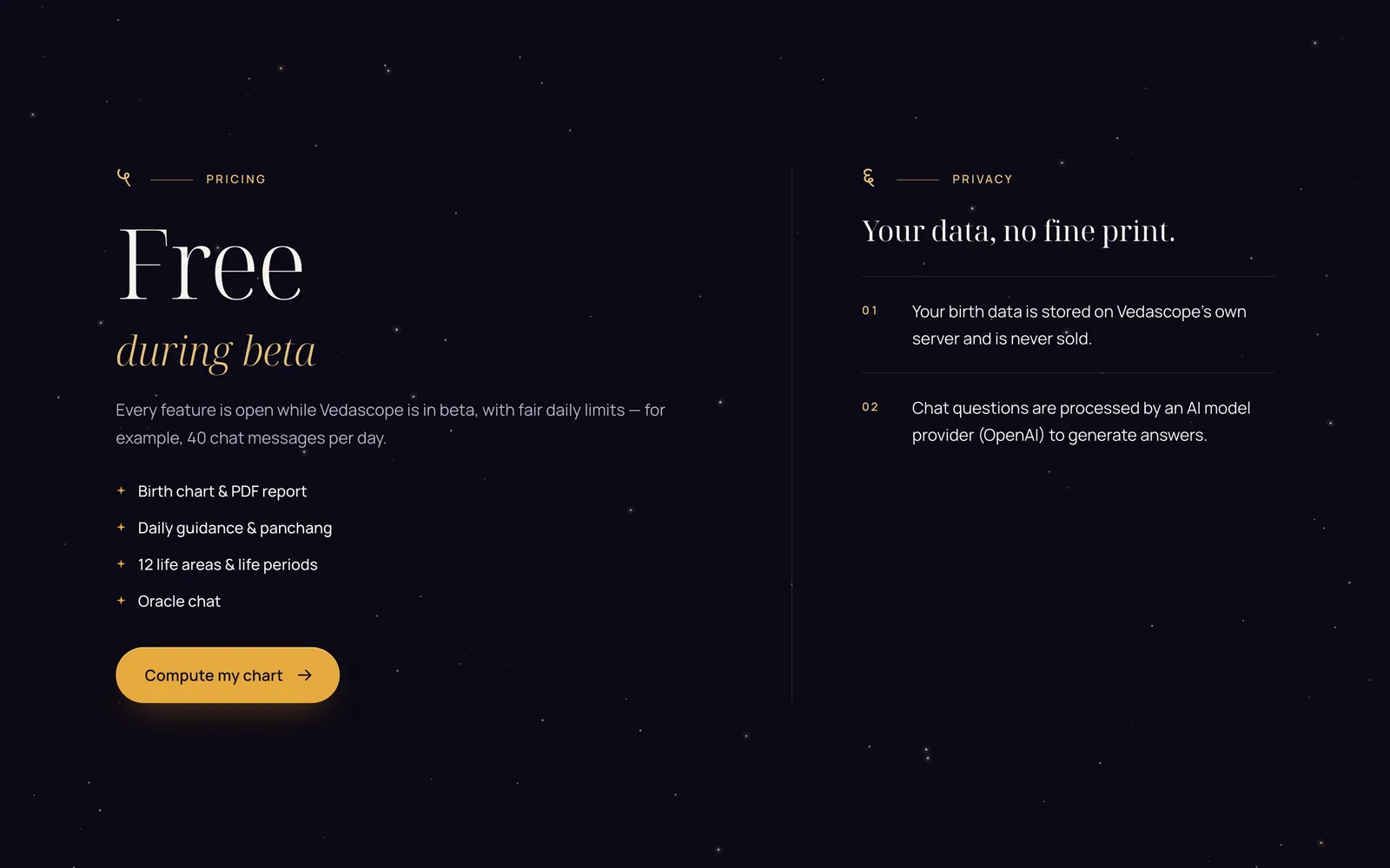 Vedascope: Free beta, plain privacy