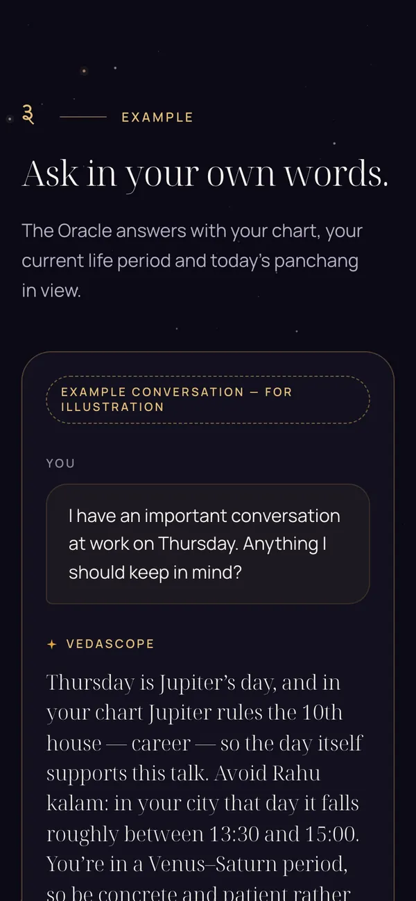 Vedascope: The chat, shown honestly (phone)