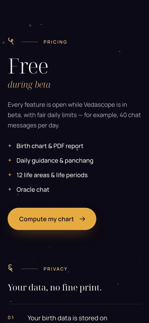 Vedascope: Free beta, plain privacy (phone)